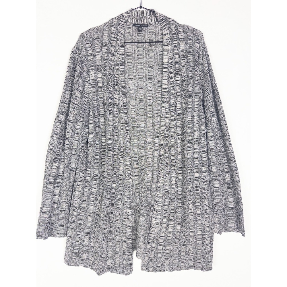 Eileen Fisher Cardigan Womens M Gray‎ Black Ribbed Linen Silk Blend